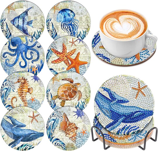8PCS Ocean Diamond Art Coasters Kit with Holder & Cork Pads – DIY 5D Diamond Painting Coasters for Adults, Beginners, Perfect Gift for Home Decor